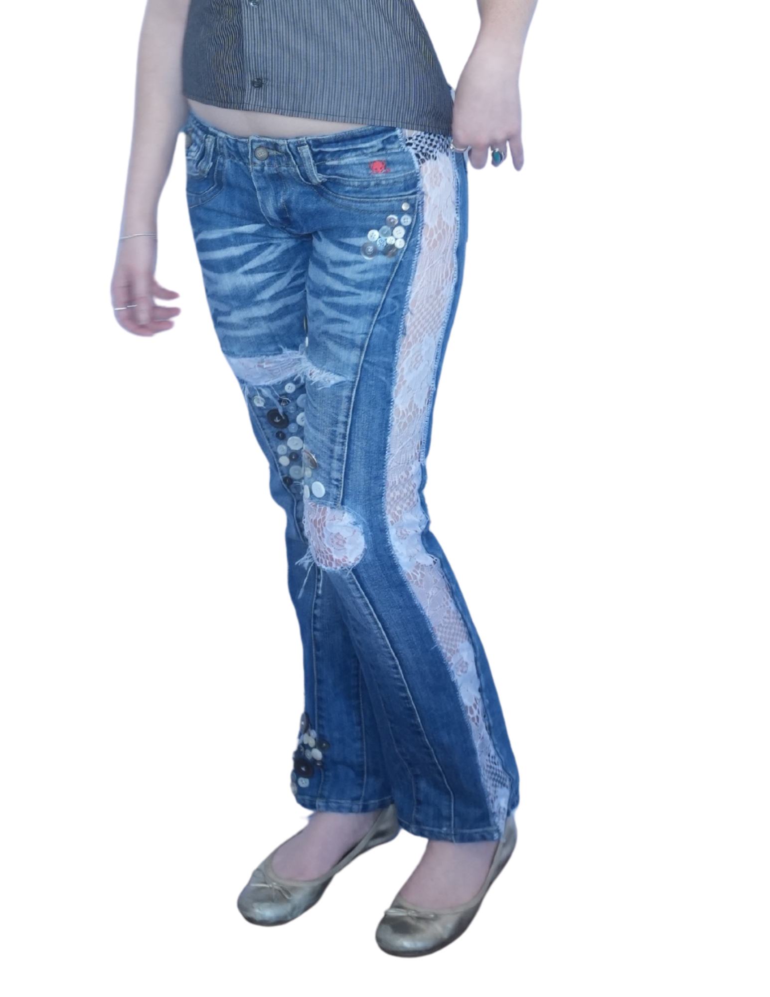 Button and lace low-rise jeans